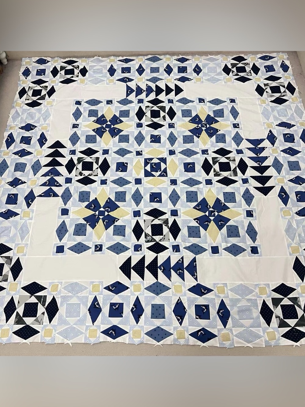 Handmade Ocean Storm Patchwork Cotton Quilt Top/Topper Machine pieced 86x86”
